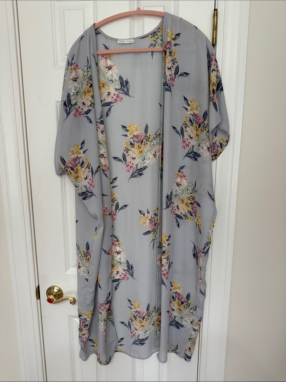 Floral Kimono Duster Dress - Light Gray